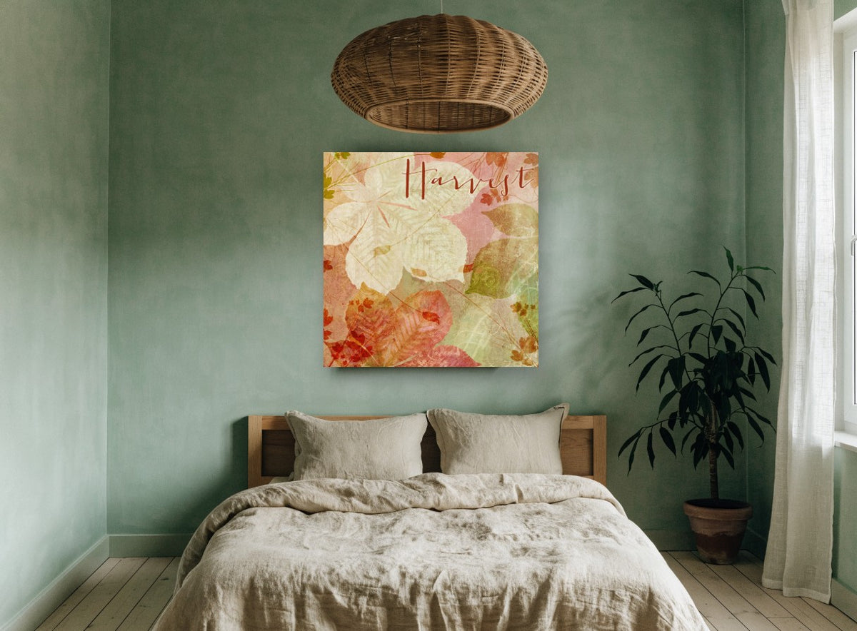 Harvest Leaf Layers floral canvas print on the wall of a bedroom