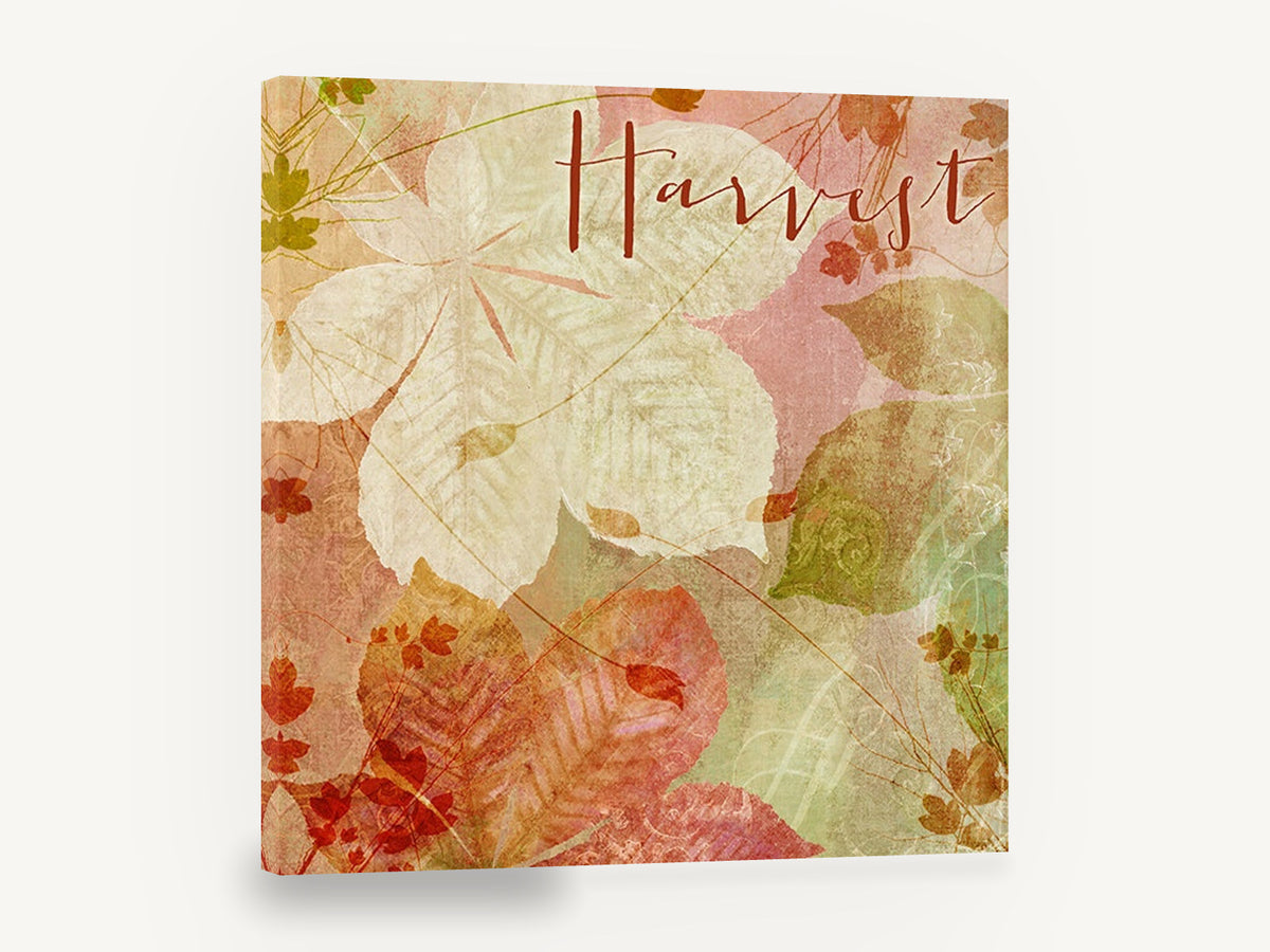Harvest Leaf Layers, autumn leaves harvest typography illustration, floral canvas wall art print ready to hang