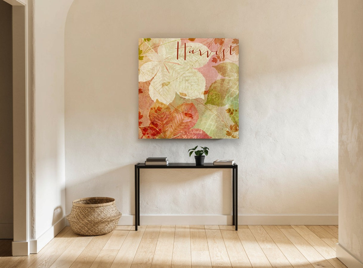 Harvest Leaf Layers floral canvas print on the wall of a hallway