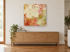 Harvest Leaf Layers floral canvas print on the wall of a living room above a sideboard