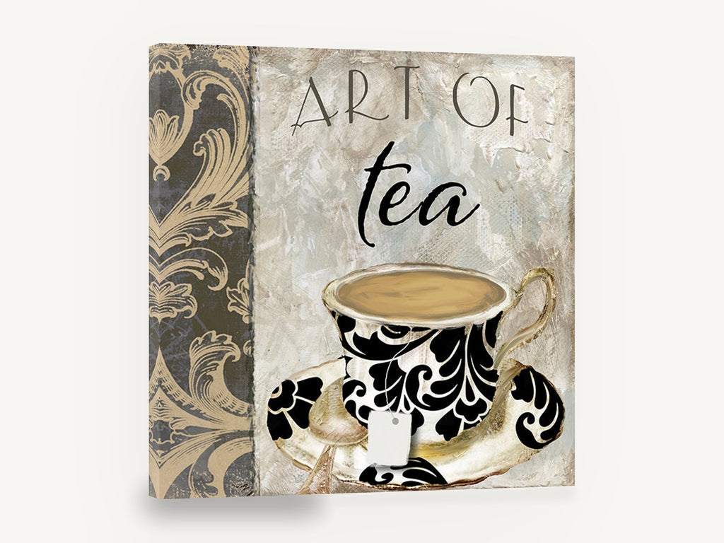 Damask Teacup Study, damask teacup tea typography kitchen, kitchen canvas wall art print ready to hang