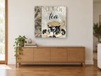 Damask Teacup Study kitchen canvas print on the wall of a living room above a sideboard
