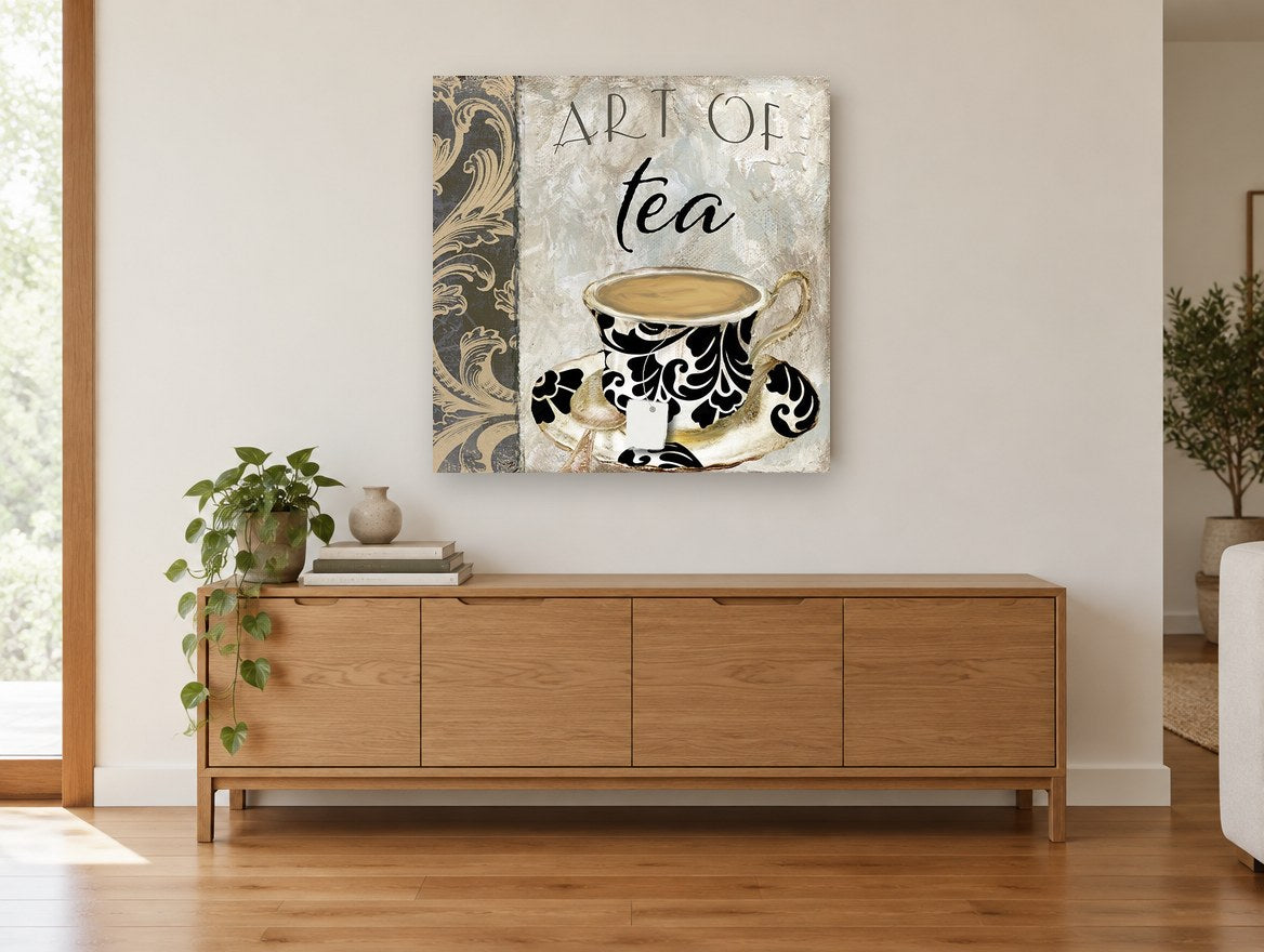 Damask Teacup Study kitchen canvas print on the wall of a living room above a sideboard