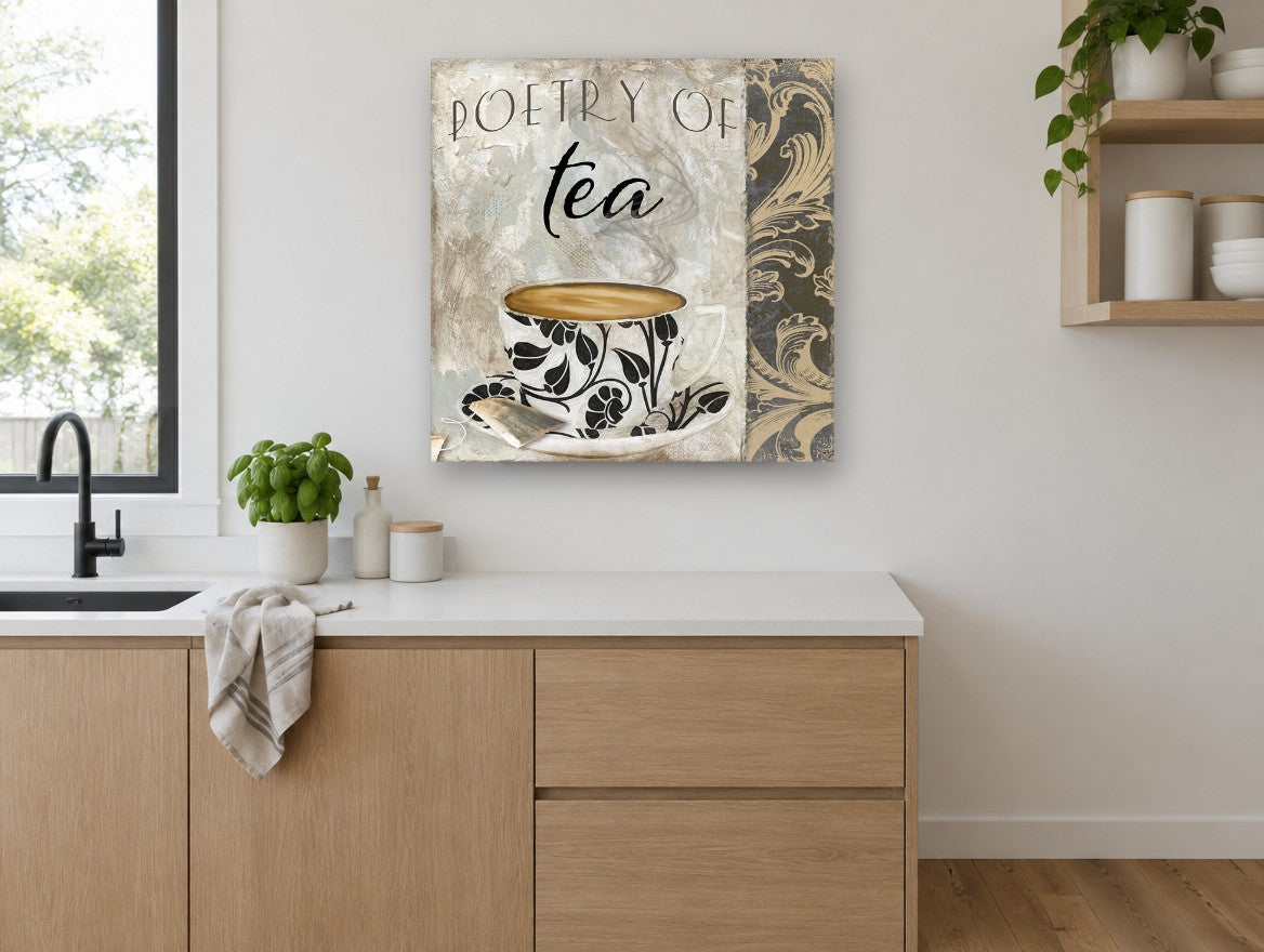 Poetry of Tea Damask kitchen canvas print on the wall of a kitchen