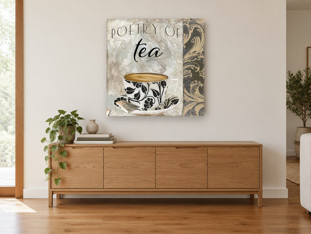 Poetry of Tea Damask kitchen canvas print on the wall of a living room above a sideboard
