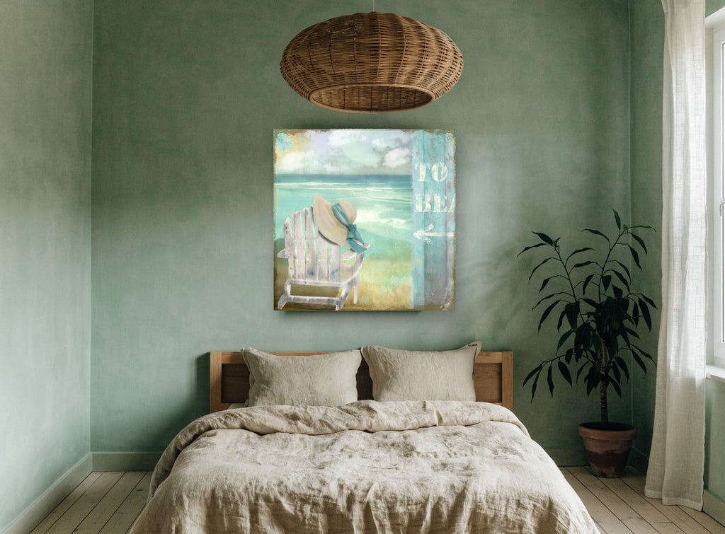 Hat on the Beach Chair coastal canvas print on the wall of a bedroom