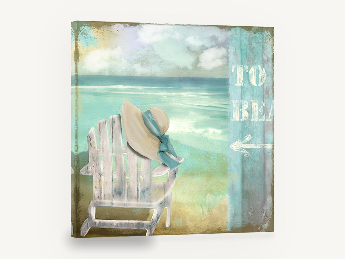 Hat on the Beach Chair, beach chair and sun hat seascape, coastal canvas wall art print ready to hang