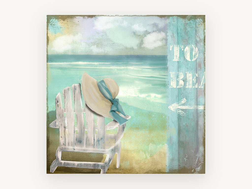 Hat on the Beach Chair, coastal canvas wall art print, front view