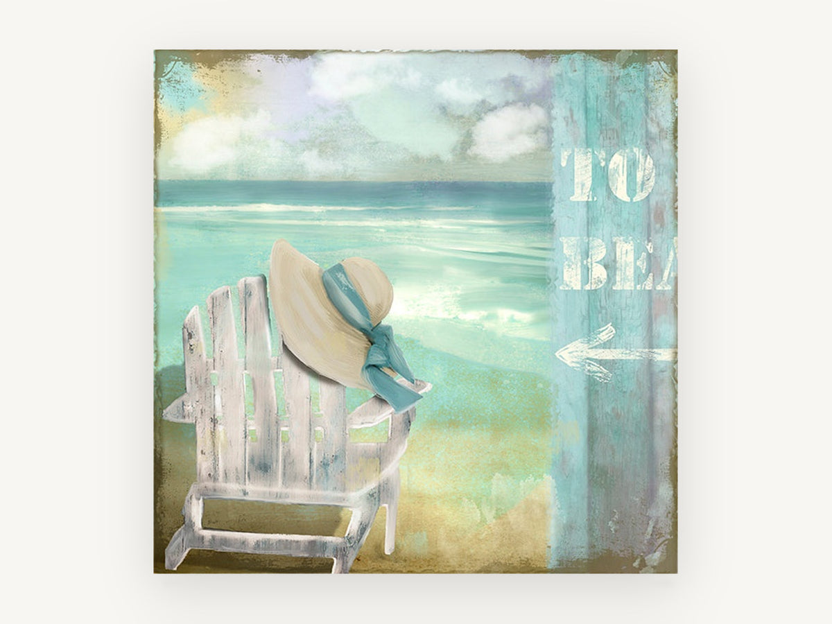 Hat on the Beach Chair, coastal canvas wall art print, front view