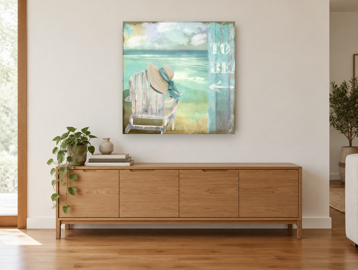 Hat on the Beach Chair coastal canvas print on the wall of a living room above a sideboard