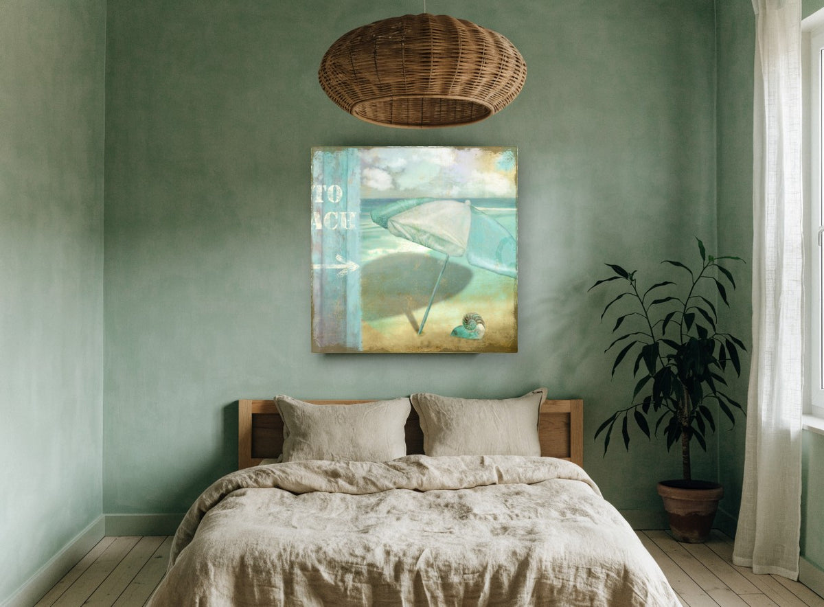 Teal Umbrella Beach Sign coastal canvas print on the wall of a bedroom