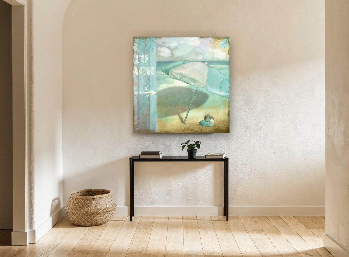 Teal Umbrella Beach Sign coastal canvas print on the wall of a hallway