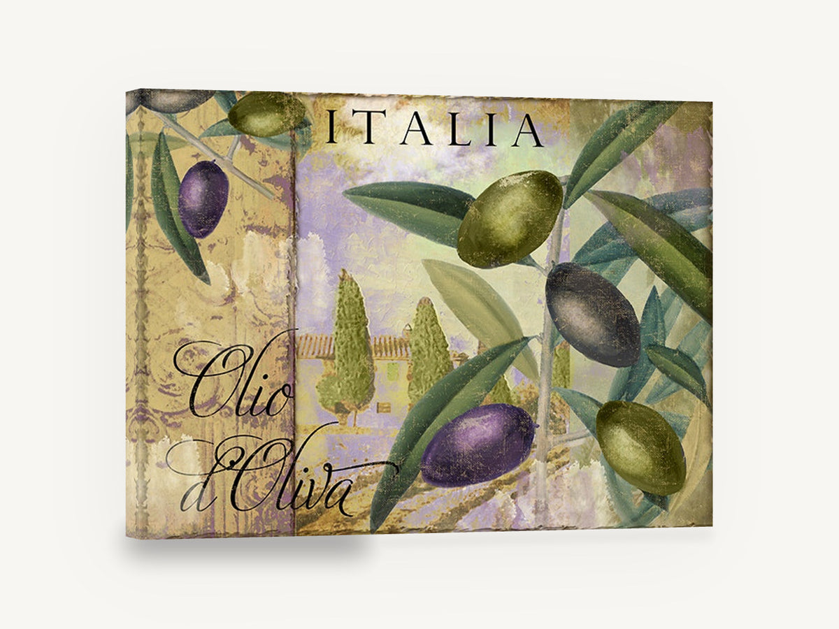 Olive Grove Italia, italian olive branch vintage poster, floral canvas wall art print ready to hang