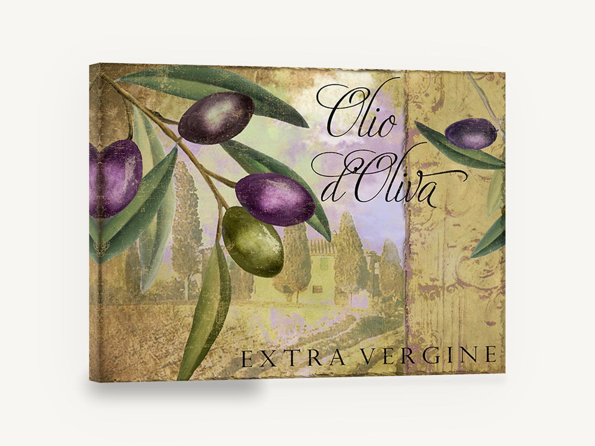Tuscan Olive Label, olive branch olio d'oliva vintage, floral canvas wall art print ready to hang
