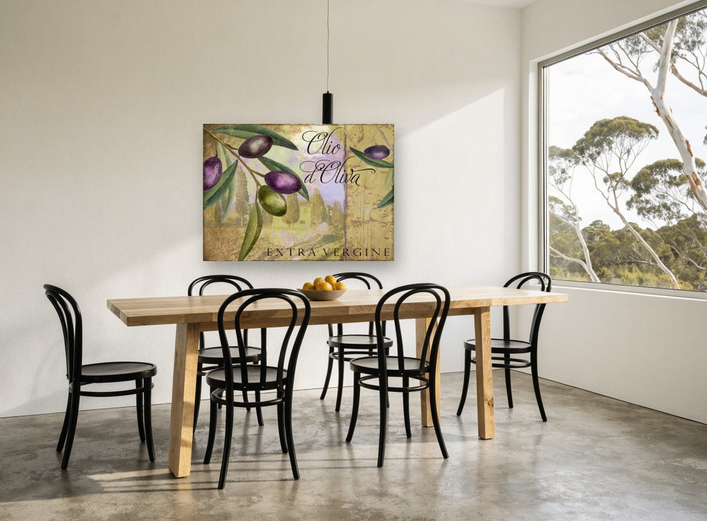 Tuscan Olive Label floral canvas print on the wall of a dining room