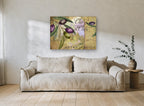 Tuscan Olive Label floral canvas print on the wall of a living room
