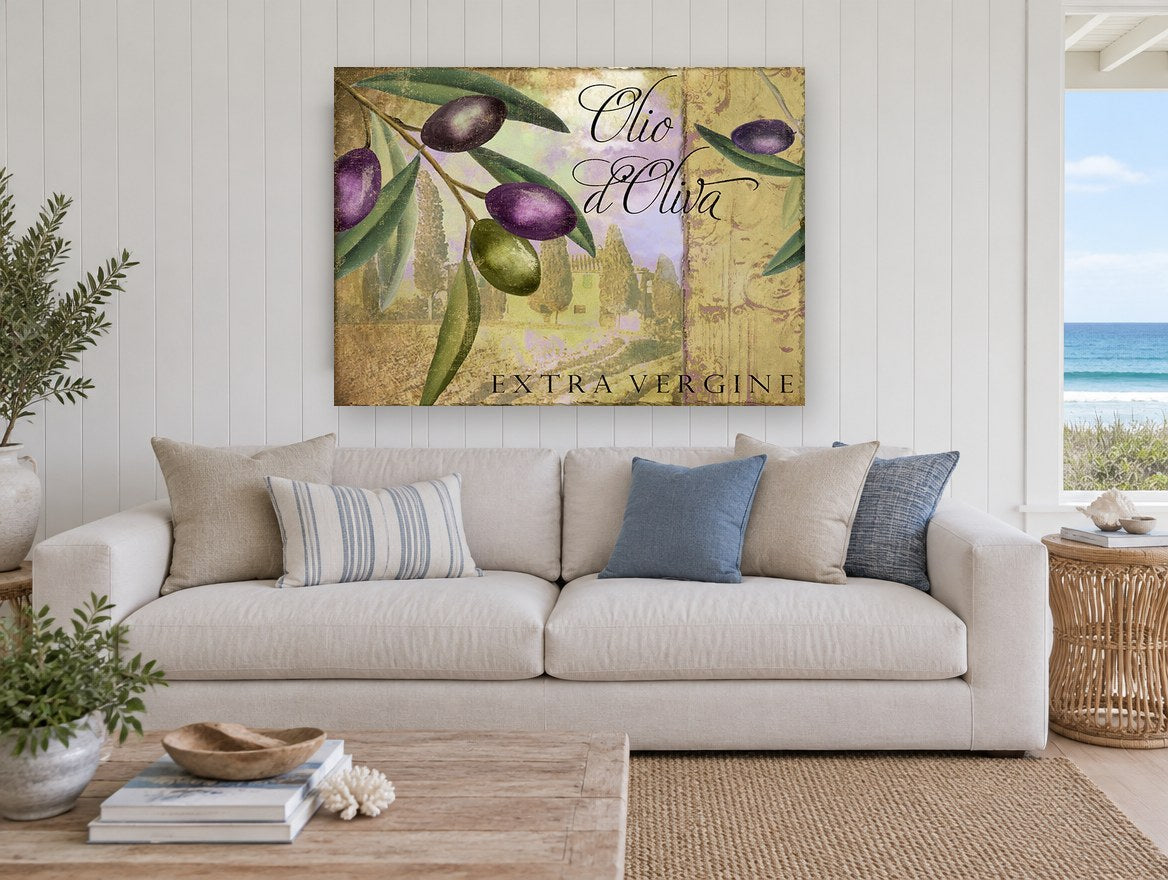 Tuscan Olive Label floral canvas print on the wall of a beach house living room