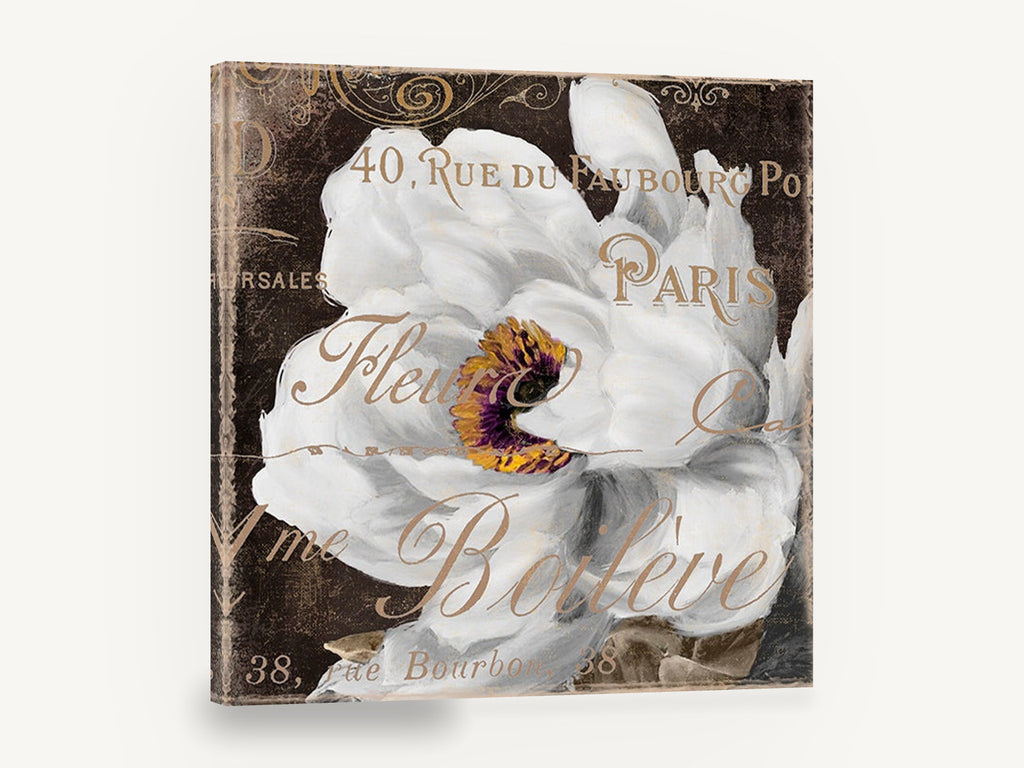 White Bloom Paris Script, white peony paris typography floral, floral canvas wall art print ready to hang