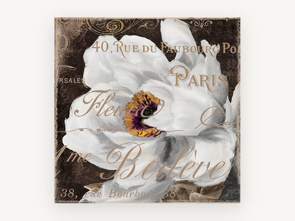 White Bloom Paris Script, floral canvas wall art print, front view