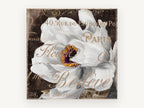 White Bloom Paris Script, floral canvas wall art print, front view