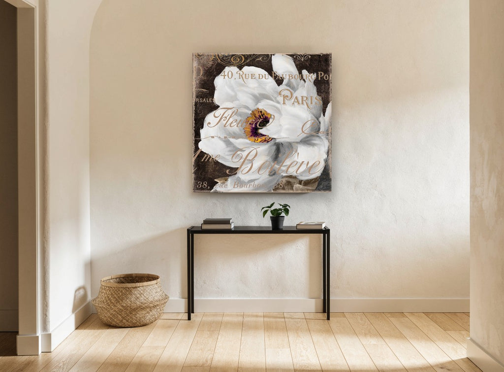 White Bloom Paris Script floral canvas print on the wall of a hallway