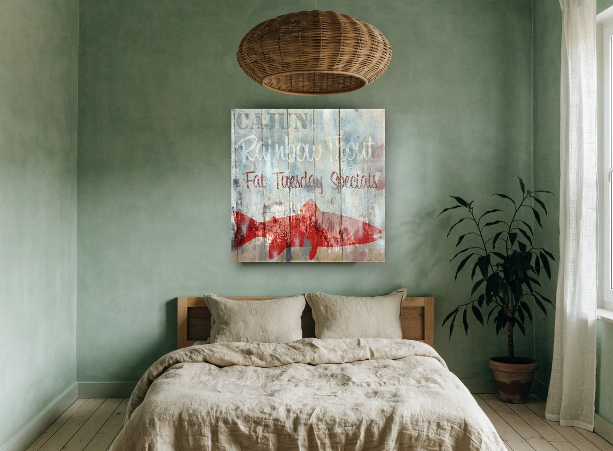 Cajun Trout Signboard coastal canvas print on the wall of a bedroom