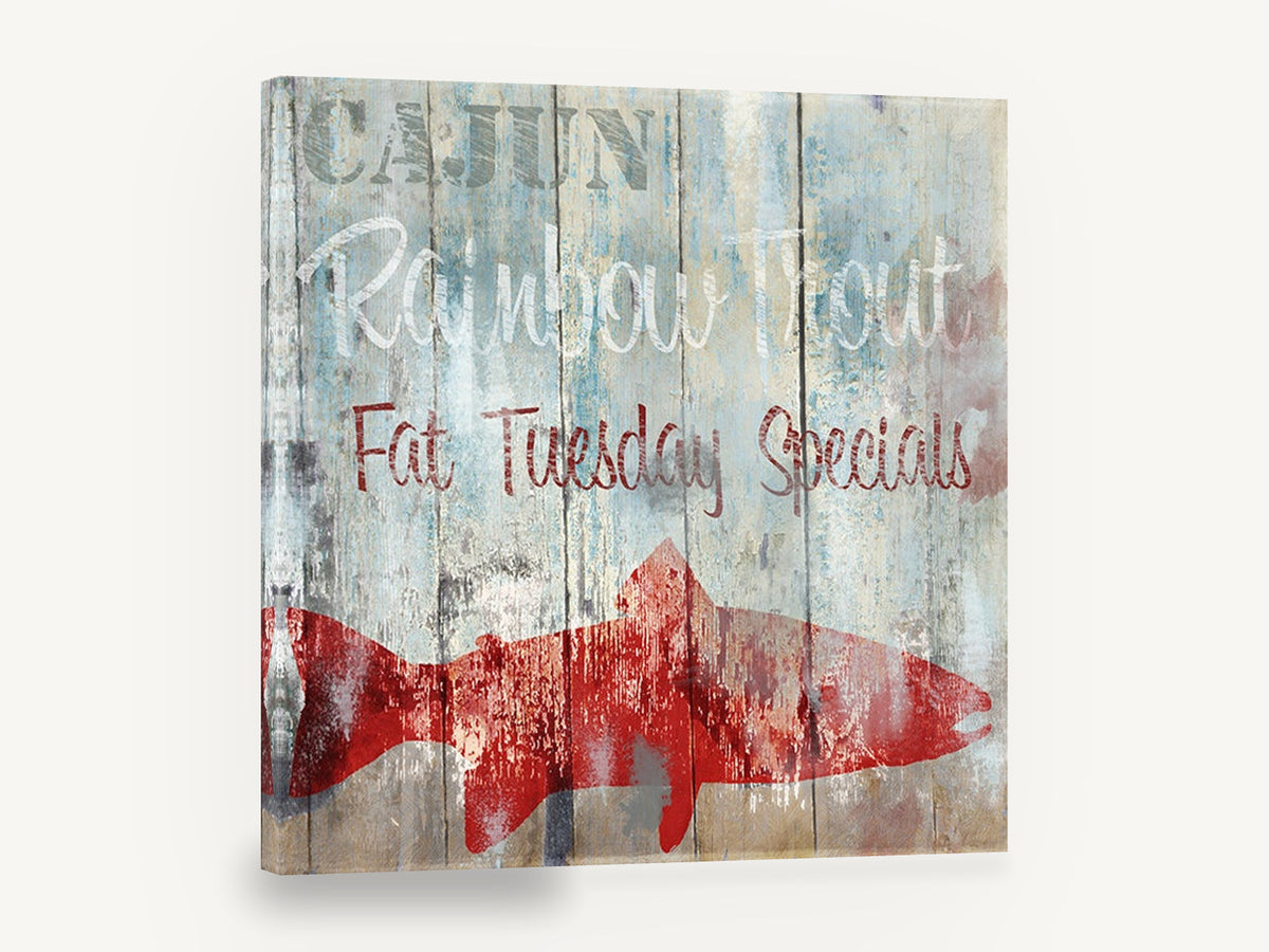 Cajun Trout Signboard, rainbow trout rustic typography sign, coastal canvas wall art print ready to hang