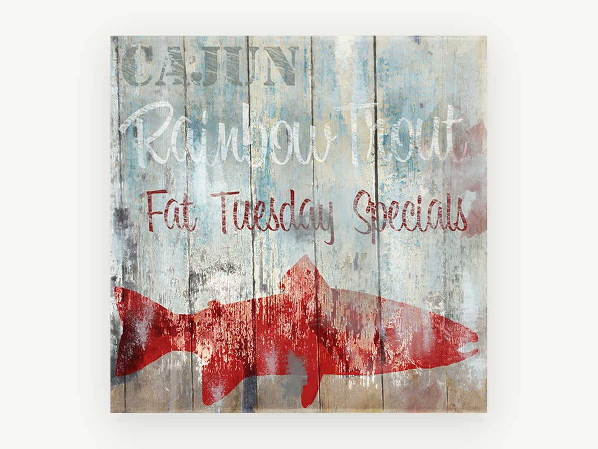 Cajun Trout Signboard, coastal canvas wall art print, front view