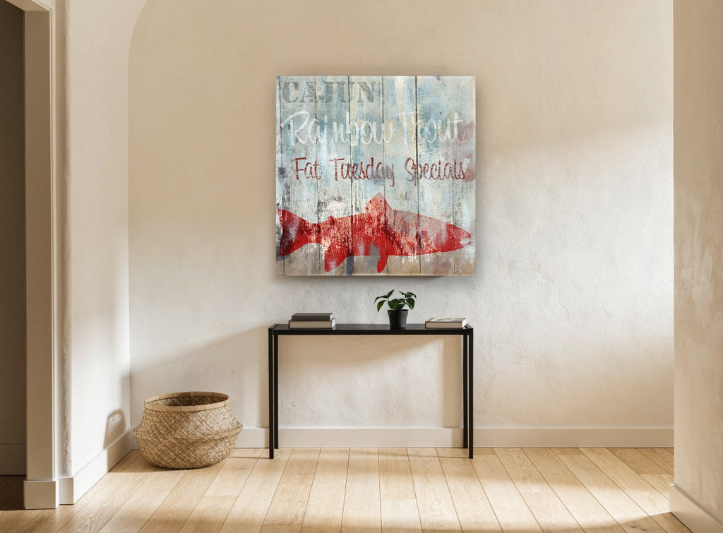 Cajun Trout Signboard coastal canvas print on the wall of a hallway