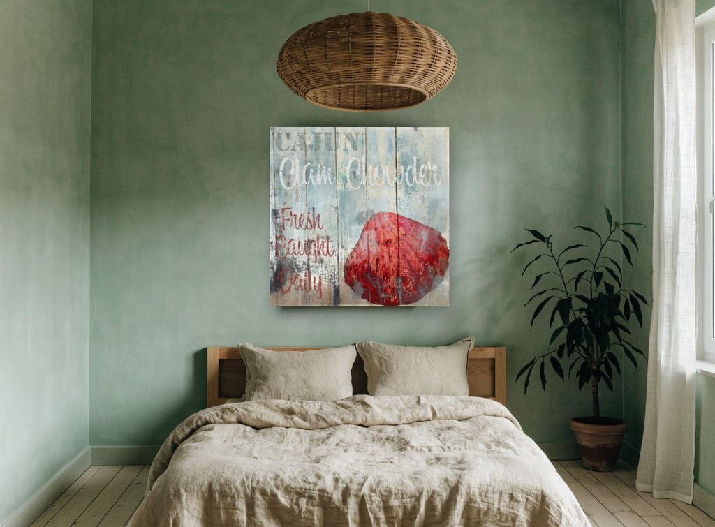 Cajun Clam Chowder Sign coastal canvas print on the wall of a bedroom