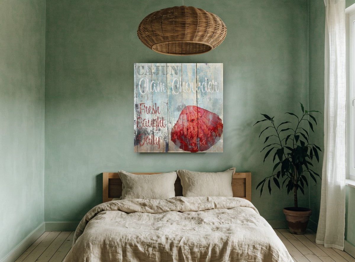 Cajun Clam Chowder Sign coastal canvas print on the wall of a bedroom