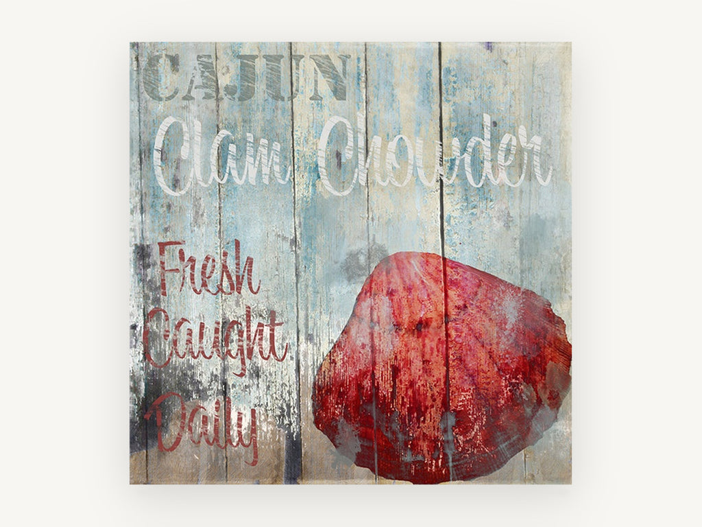 Cajun Clam Chowder Sign, coastal canvas wall art print, front view