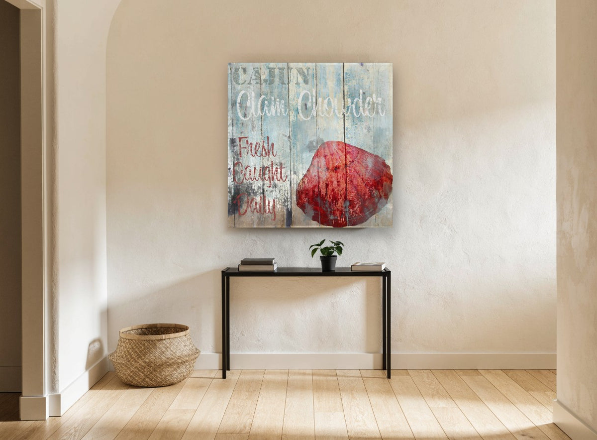 Cajun Clam Chowder Sign coastal canvas print on the wall of a hallway