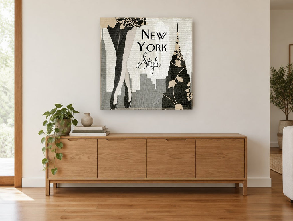 New York Style Legs city canvas print on the wall of a living room above a sideboard