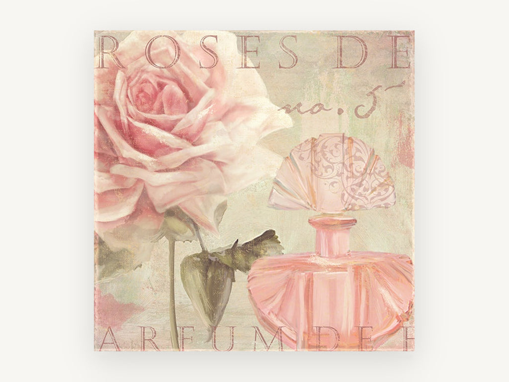 Blush Rose Perfume, floral canvas wall art print, front view