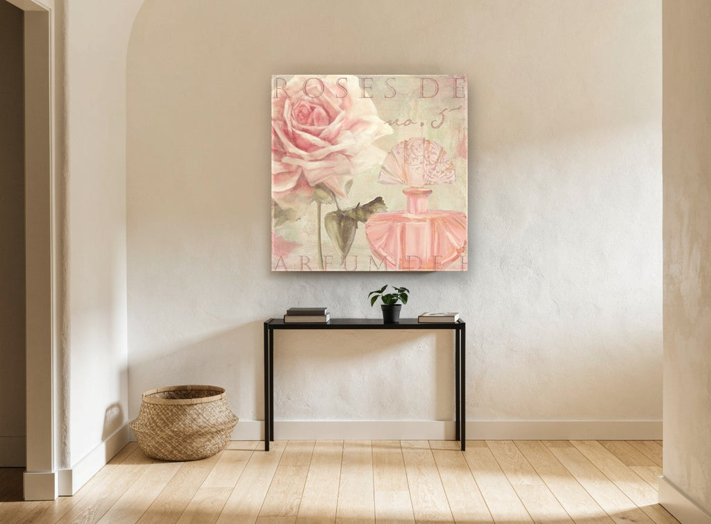 Blush Rose Perfume floral canvas print on the wall of a hallway