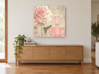 Blush Rose Perfume floral canvas print on the wall of a living room above a sideboard