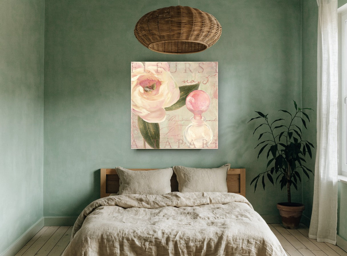 Blush Rose and Perfume floral canvas print on the wall of a bedroom