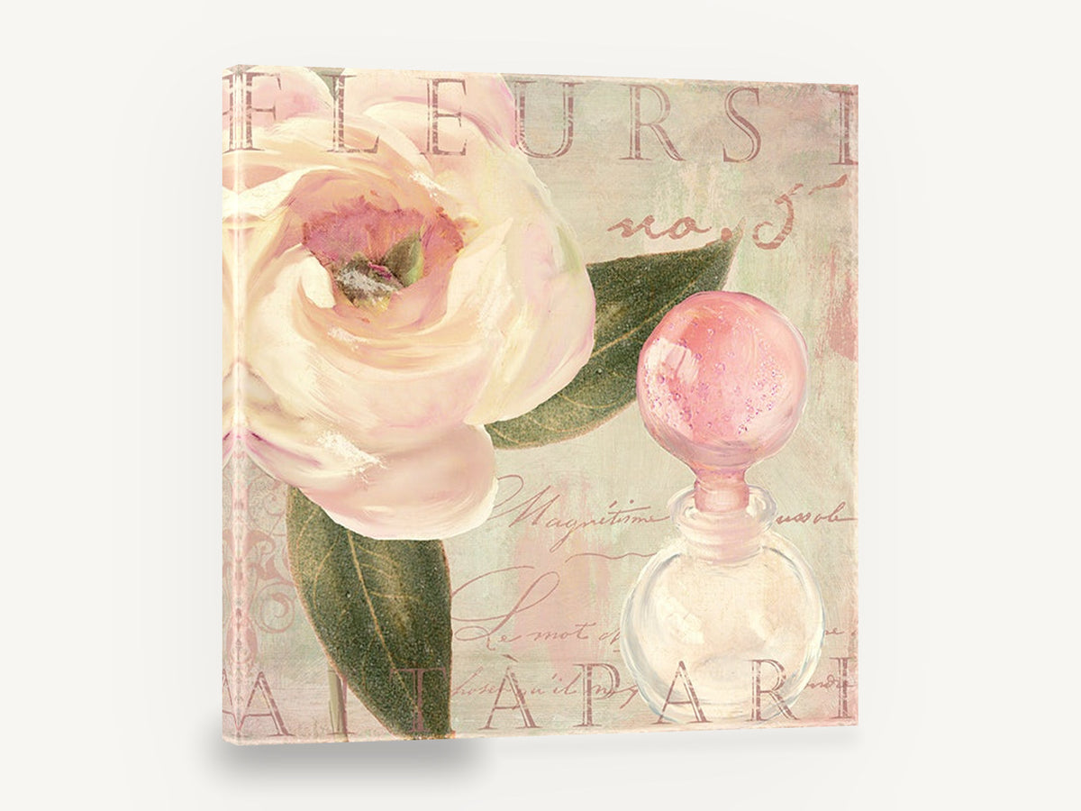 Blush Rose and Perfume, pink rose perfume bottle vintage french, floral canvas wall art print ready to hang
