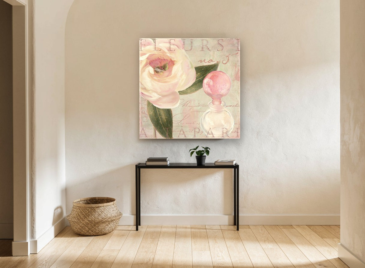 Blush Rose and Perfume floral canvas print on the wall of a hallway