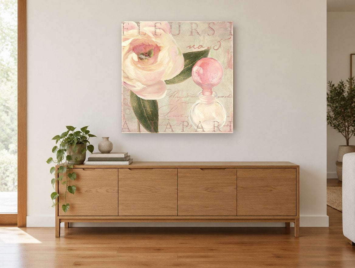 Blush Rose and Perfume floral canvas print on the wall of a living room above a sideboard