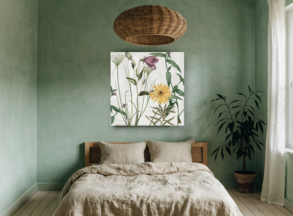 Meadow Bell and Daisy floral canvas print on the wall of a bedroom