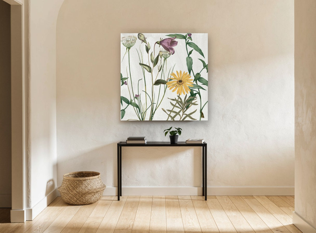 Meadow Bell and Daisy floral canvas print on the wall of a hallway