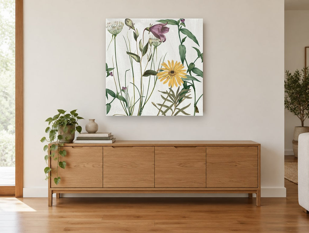 Meadow Bell and Daisy floral canvas print on the wall of a living room above a sideboard
