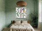 Lilac and Spiderwort Meadow floral canvas print on the wall of a bedroom