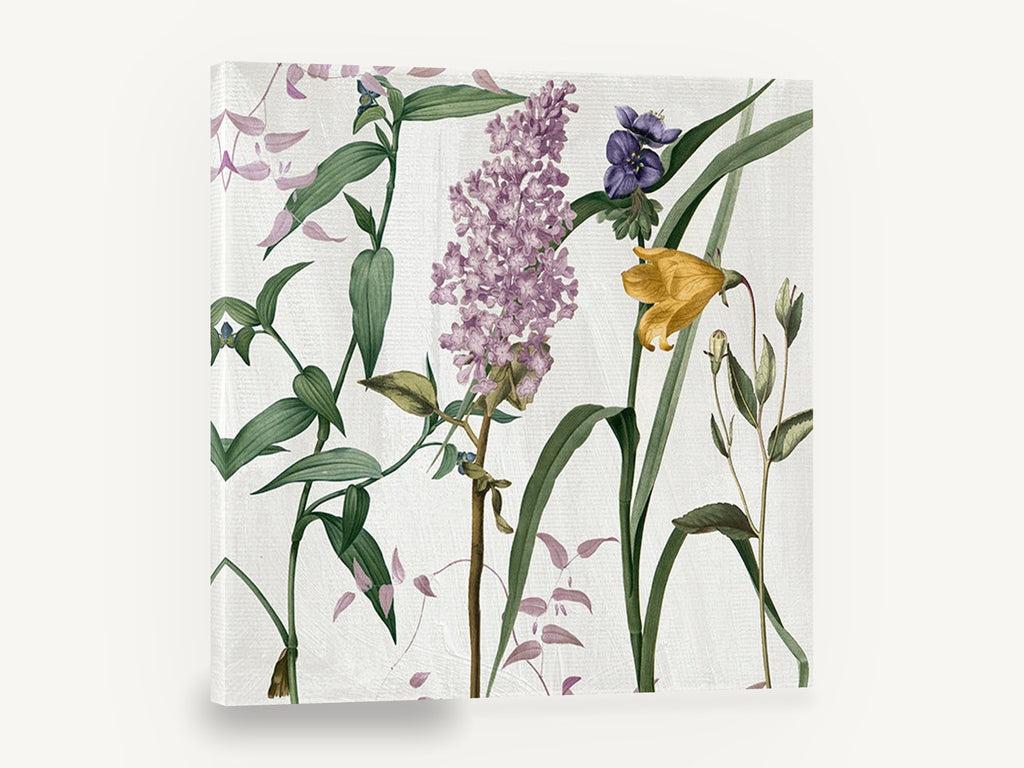 Lilac and Spiderwort Meadow, lilac botanical wildflowers illustration, floral canvas wall art print ready to hang