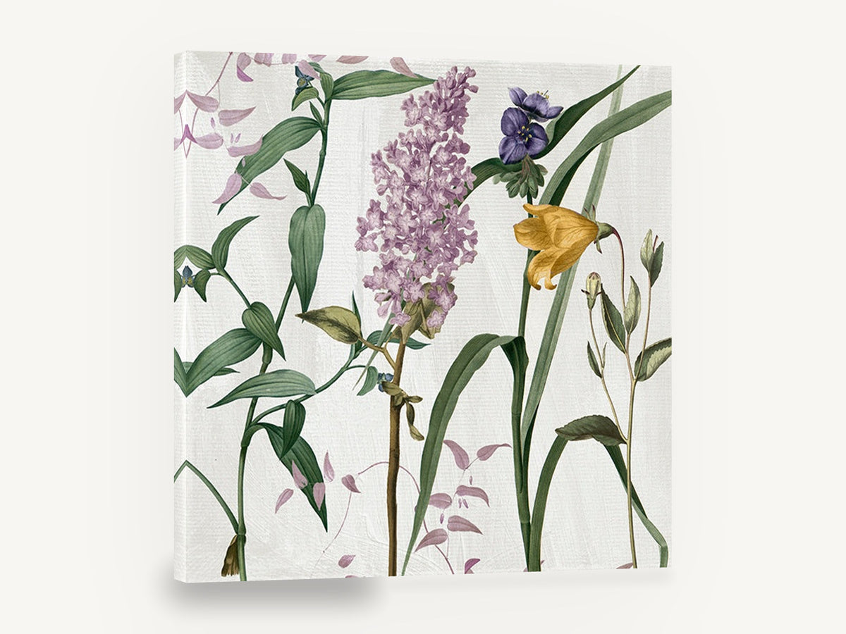 Lilac and Spiderwort Meadow, lilac botanical wildflowers illustration, floral canvas wall art print ready to hang