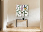 Lilac and Spiderwort Meadow floral canvas print on the wall of a hallway