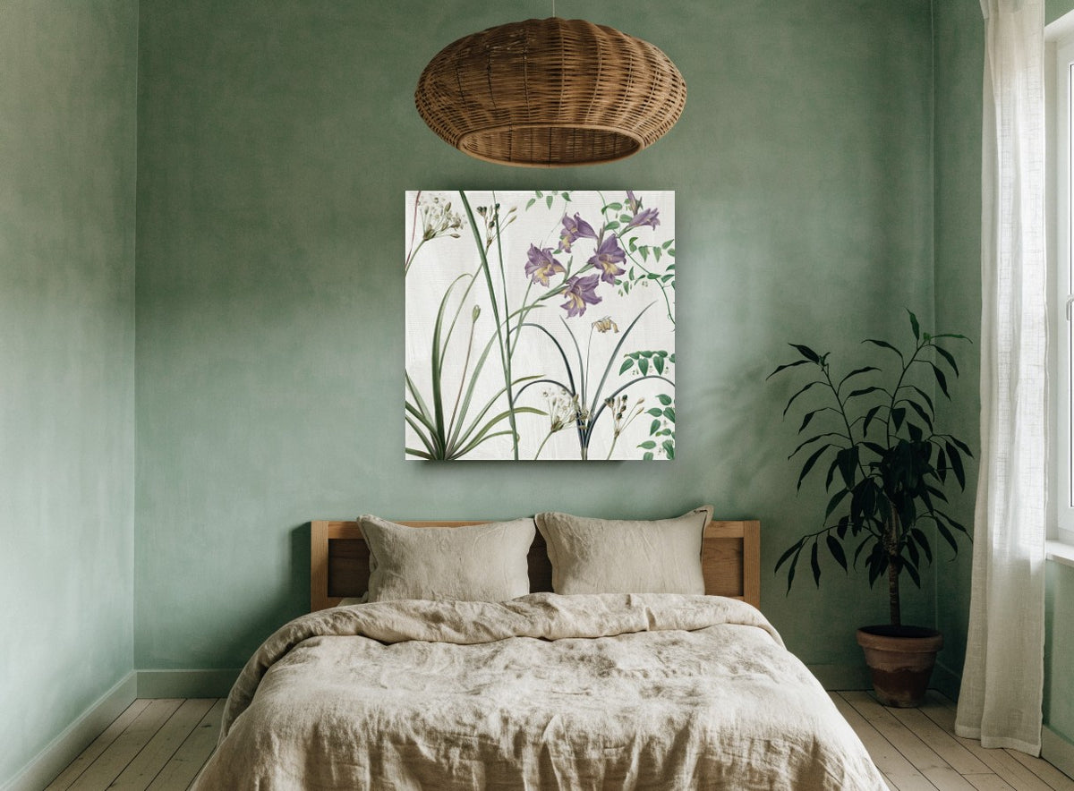 Lilac Gladioli Meadow floral canvas print on the wall of a bedroom