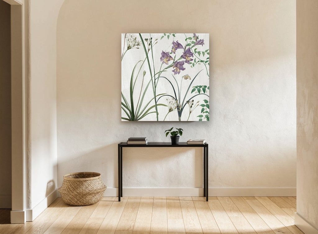 Lilac Gladioli Meadow floral canvas print on the wall of a hallway